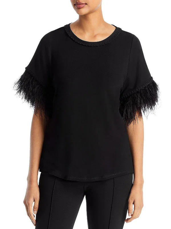 Miley Womens Faux Feather Trim Dolman Pullover Top