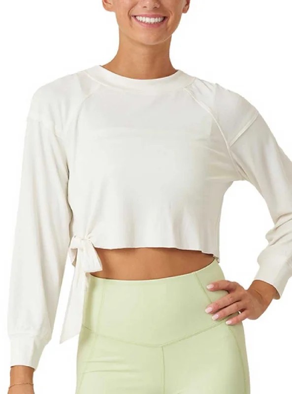 Thrive Société Women's Cropped Tie Long Sleeve Pullover - White