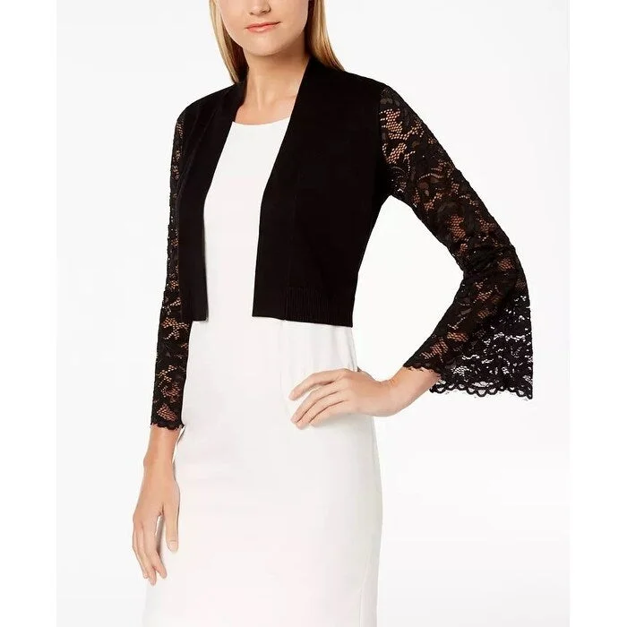 Calvin Klein Women's Cropped Lace-Contrast Cardigan Black Size Large